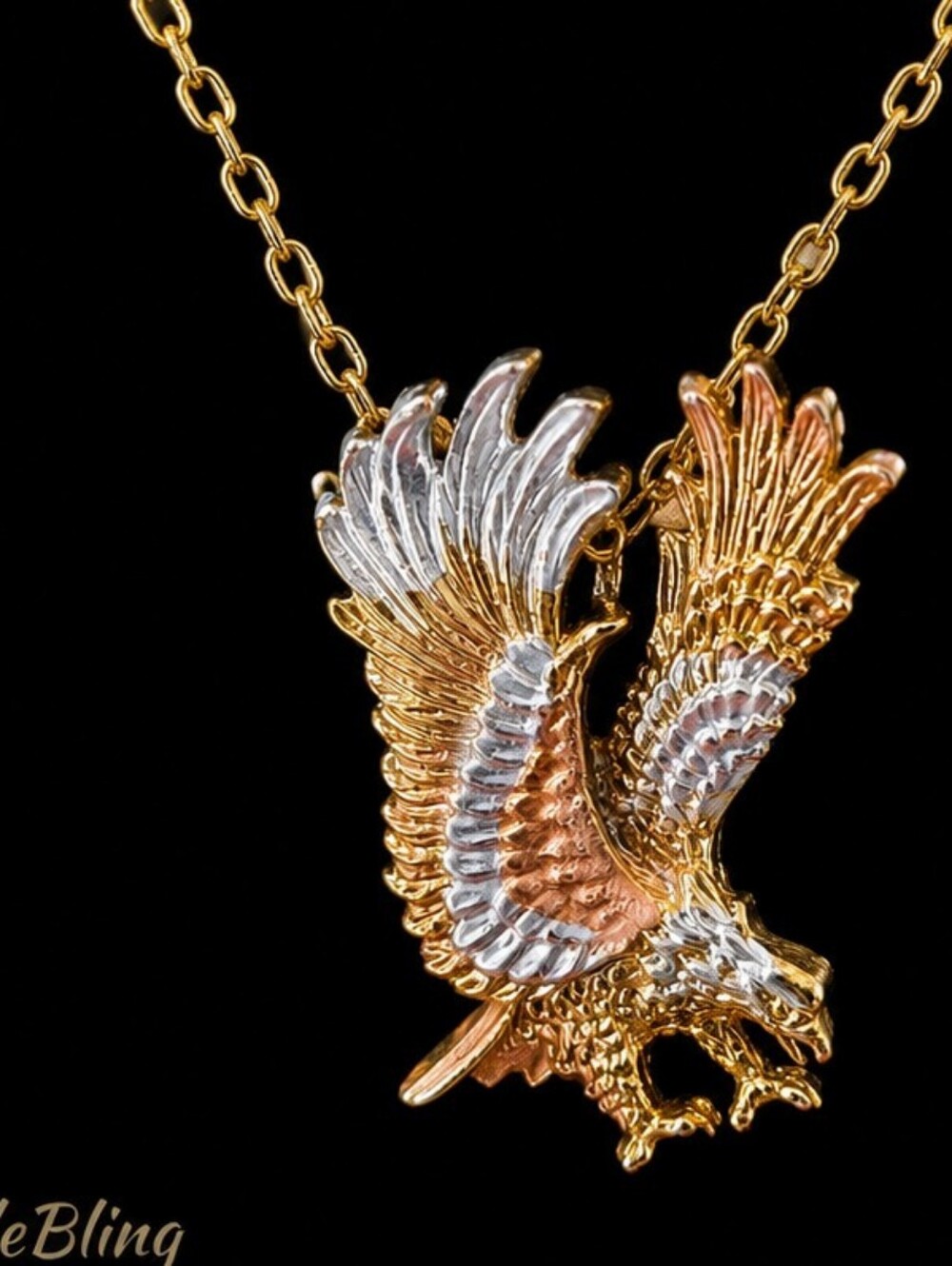 Vintage Three Tone Eagle Pendant Necklace Gold Silver Rose Gold Flying Eagle